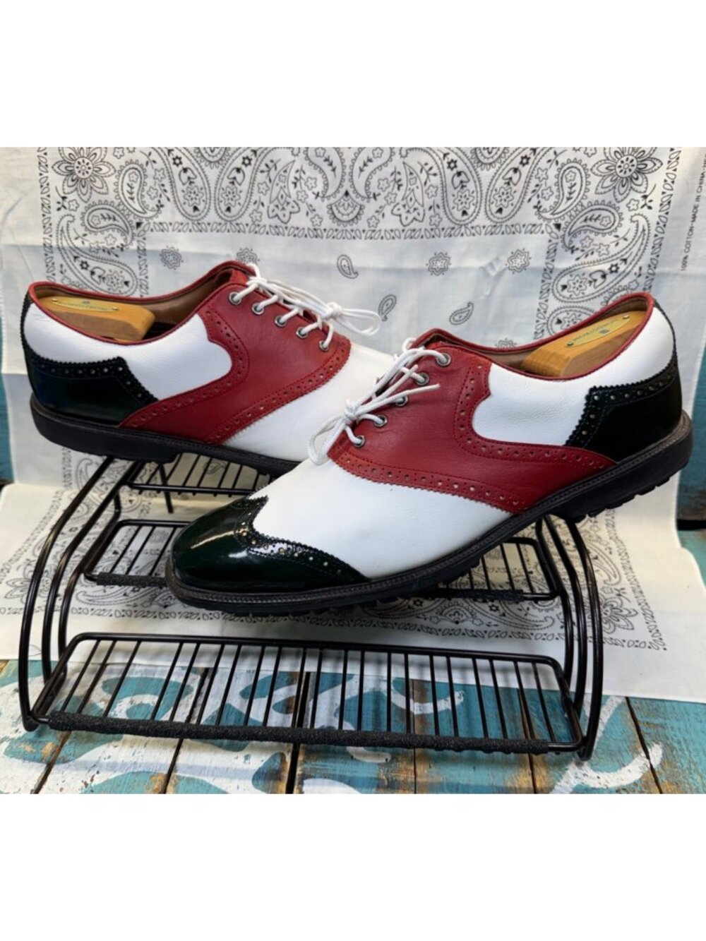 VTG Footjoy Myjoys 52300 Leather Red/White/Black Premium Golf Shoes Mens Sz 11.5
